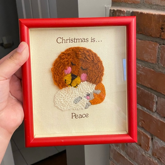 Vintage Other - Vintage framed crewel wall hanging art piece “Christmas is peace” red frame